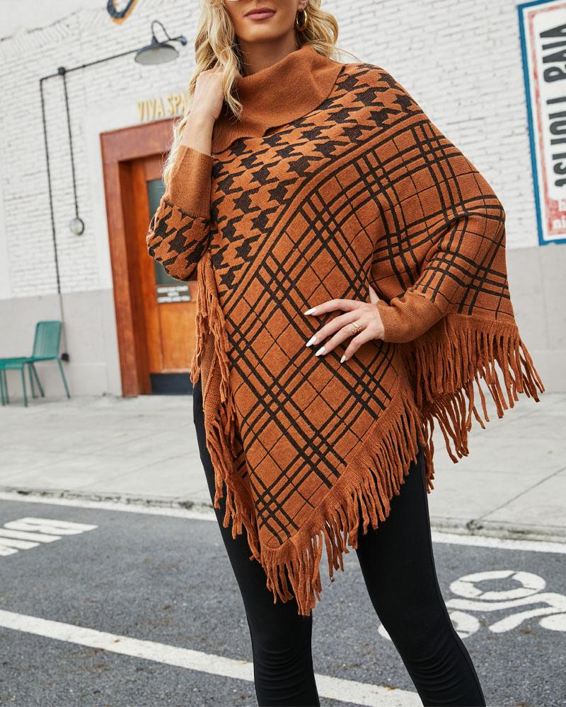 

Houndstooth Plaid Print Fringe Trim Cape Sweater, Brown