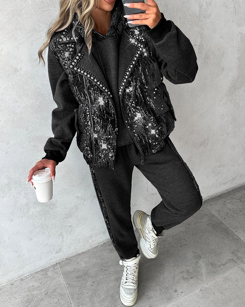 

Contrast Sequin Hoodie & Cuffed Pants Set With Beaded Puffer Vest Coat, Black