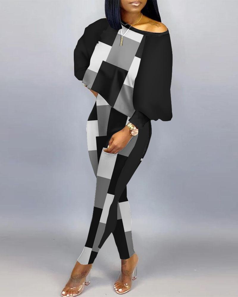 

Geometric Print Long Sleeve Top & Pants Set, Black