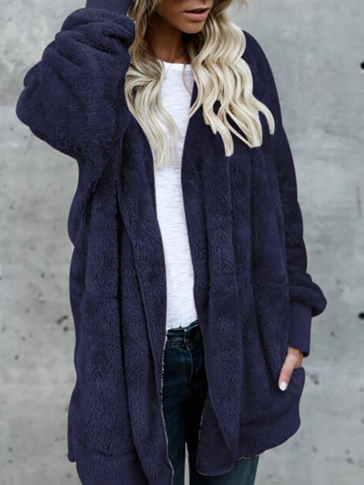 

Warm Solid Pocket Design Hoodies Fluffy Oversized Jacket - Dark Blue