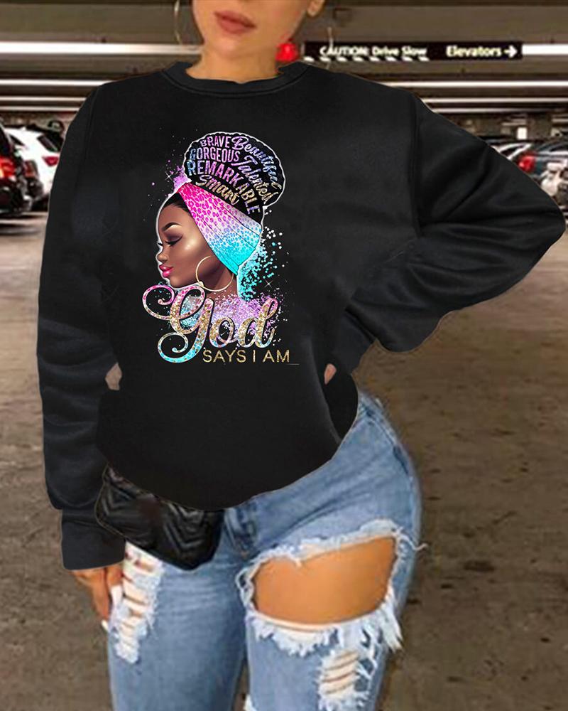 

Plus Size Figure Letter Print Long Sleeve Sweatshirt, Black