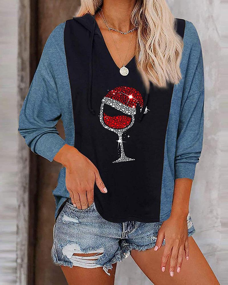 

Christmas Colorblock Red Wine Glass Rhinestone V Neck Top, Light blue