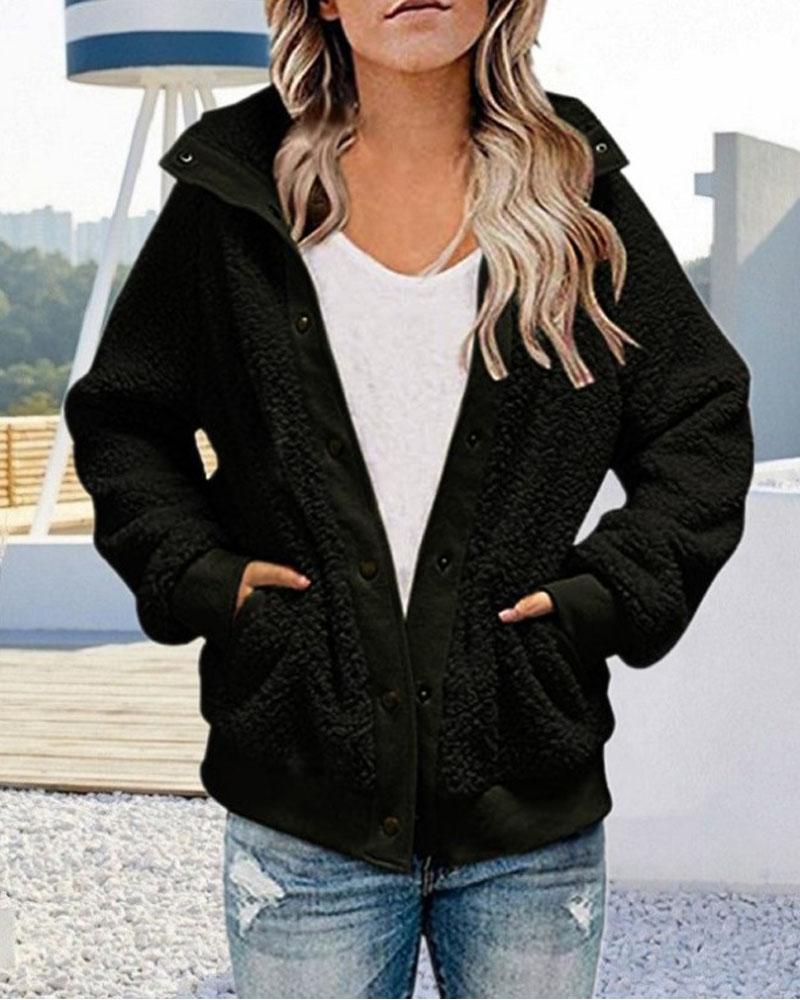 

Long Sleeve Button Front Teddy Coat, Black