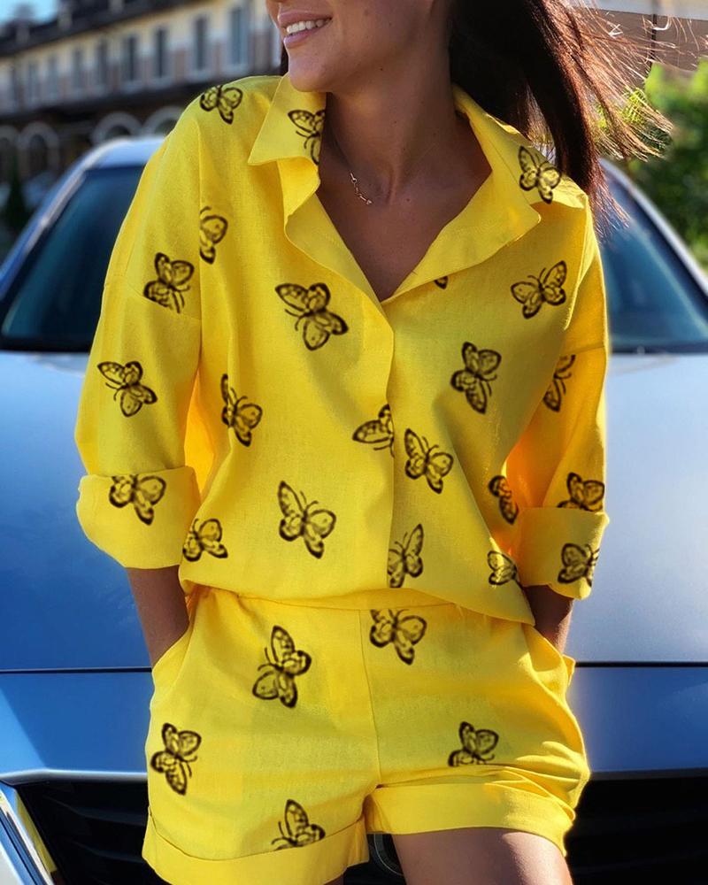 

Butterfly Print Long Sleeve Top & Pocket Design Shorts Set, Yellow