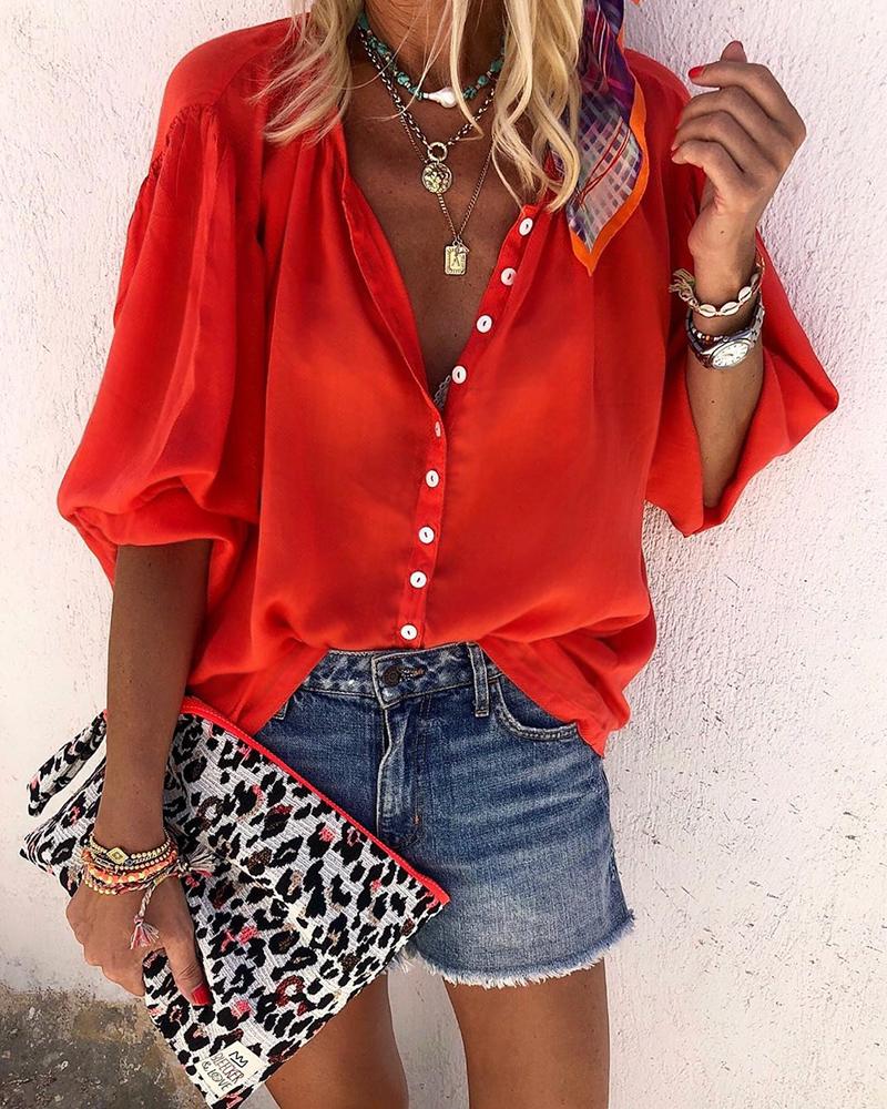 

Button Design Long Sleeve Casual Shirt, Red