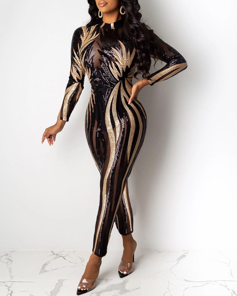 

Long Sleeve Contrast Sequin Sheer Mesh Jumpsuit, Black