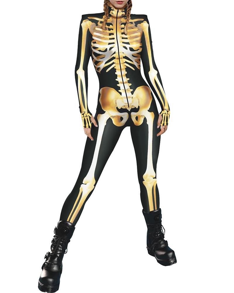 

Halloween Long Sleeve Skinny Skeleton Costume Jumpsuit, Gold