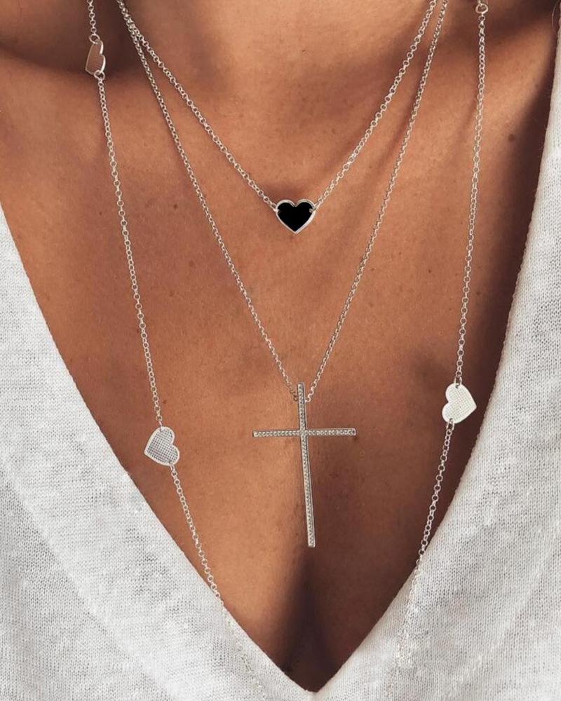 

Bohemian Love Cross Multilayer Necklace, Silver