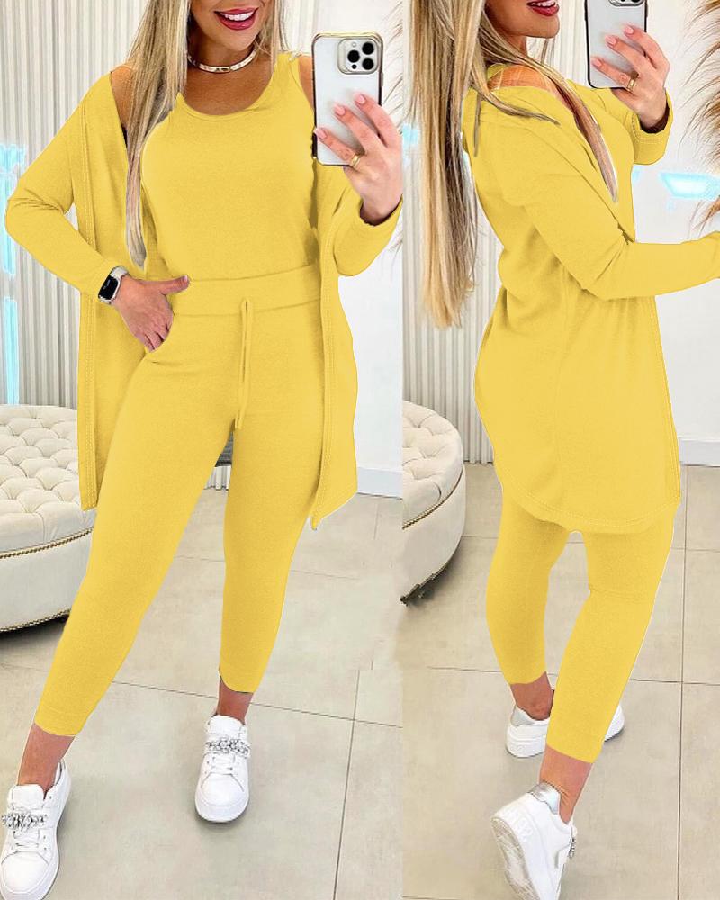 

Conjunto de 3 piezas de camiseta sin mangas con cuello redondo y pantalones con cordón y abrigo, Yellow