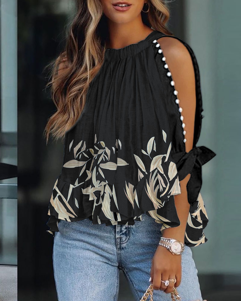 

Plants Print Beaded Decor Split Sleeve Top, Black