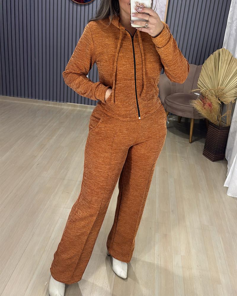 

Conjunto de 2 peças de cardigan de malha com capuz e manga comprida e calças largas casuais, Dark yellow