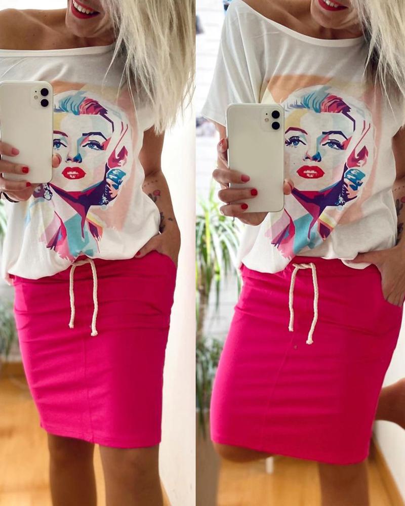 

Figure Print Short Sleeve Top & Skirt Set, Hot pink