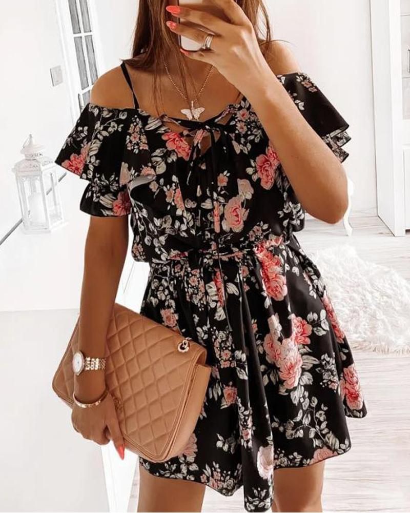 

Cold Shoulder Ruffle Hem Belted Floral Print Dress, Black