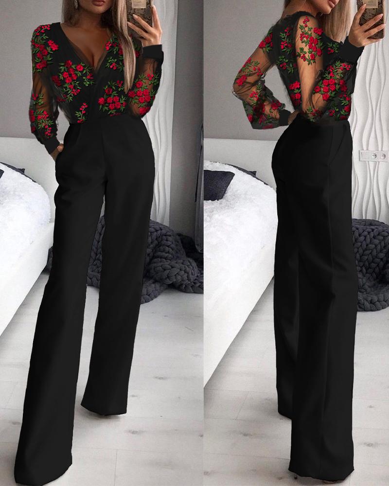 

Floral Embroidery Sheer Mesh Long Sleeve Jumpsuit, Black