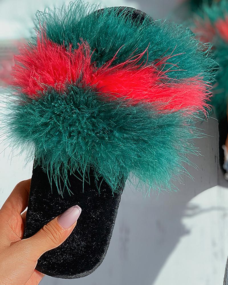 

Colorblock Peep Toe Fluffy Slipper, Green