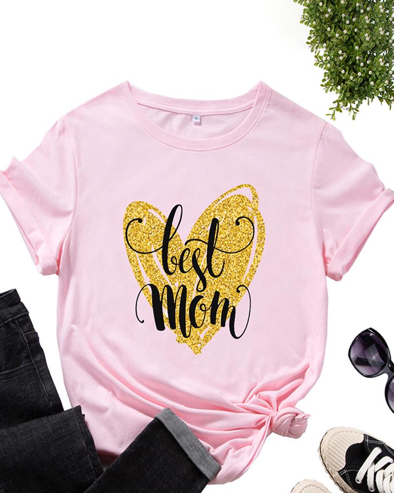 

Mother' Day Gift Short Sleeve Letter Print T-shirt, Pink