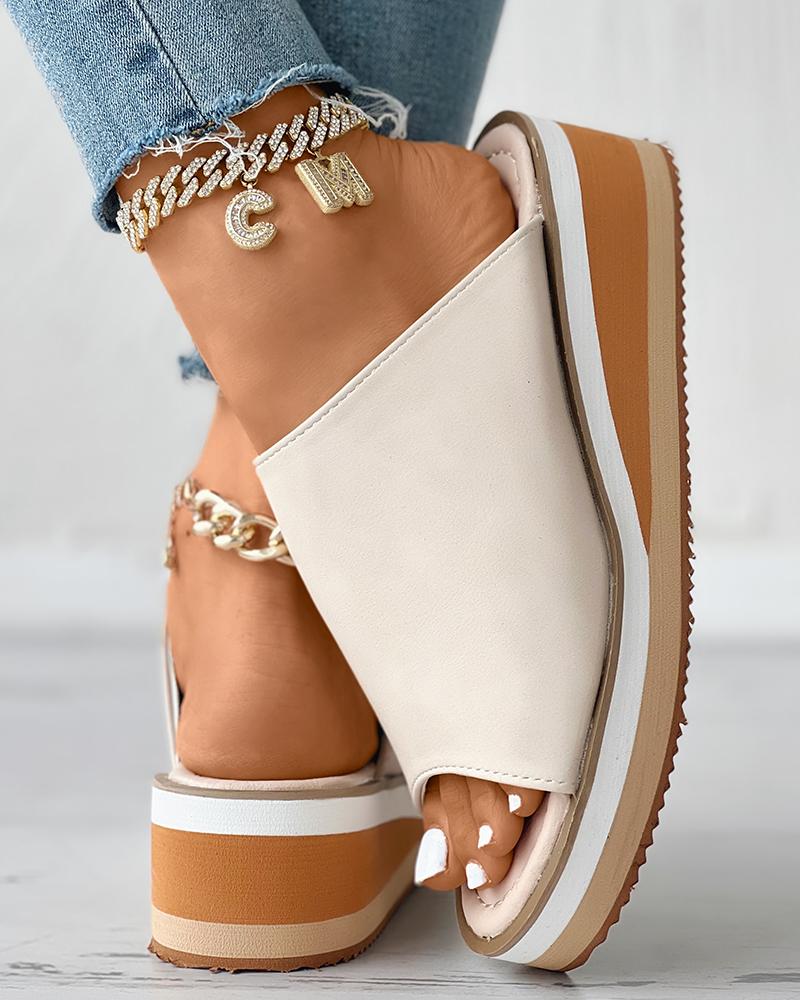 

Contrast Paneled Peep Toe Wedge Slippers, Beige