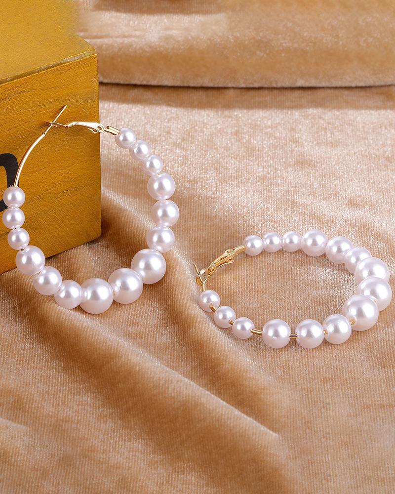 

1Pair Beaded Pearls Hoop Earrings, White