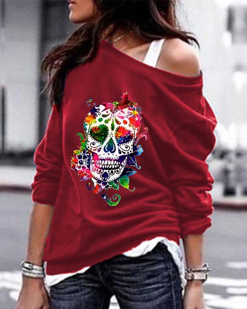 

Skull Print Long Sleeve Casual Sweatshirt, Wine red
