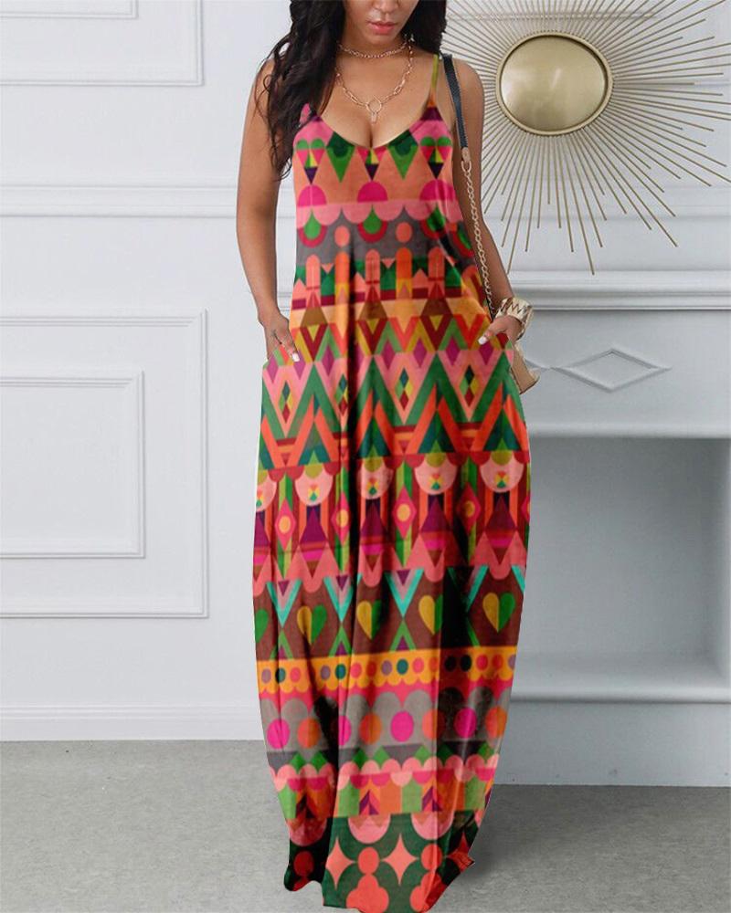 

Geo Pattern Print Pocket Design Dress, Multicolor