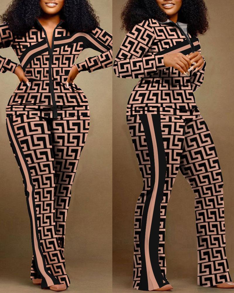 

Plus Size Geometric Print Zip Up Top & Pants Set, Khaki