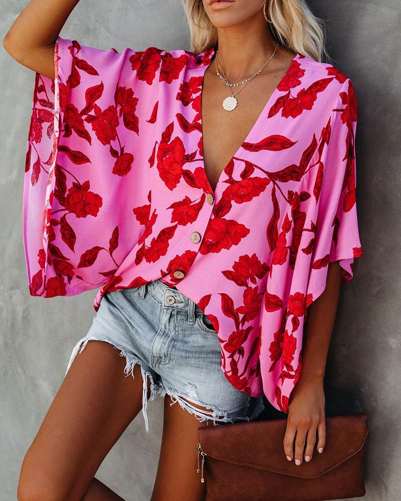 

Print V Neck Loose Casual Blouse, Hot pink