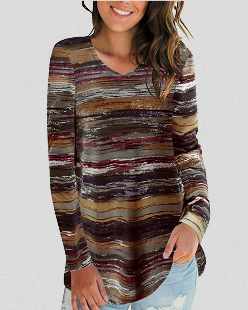 

Rainbow Stripe Long Sleeve Casual Top, Coffee