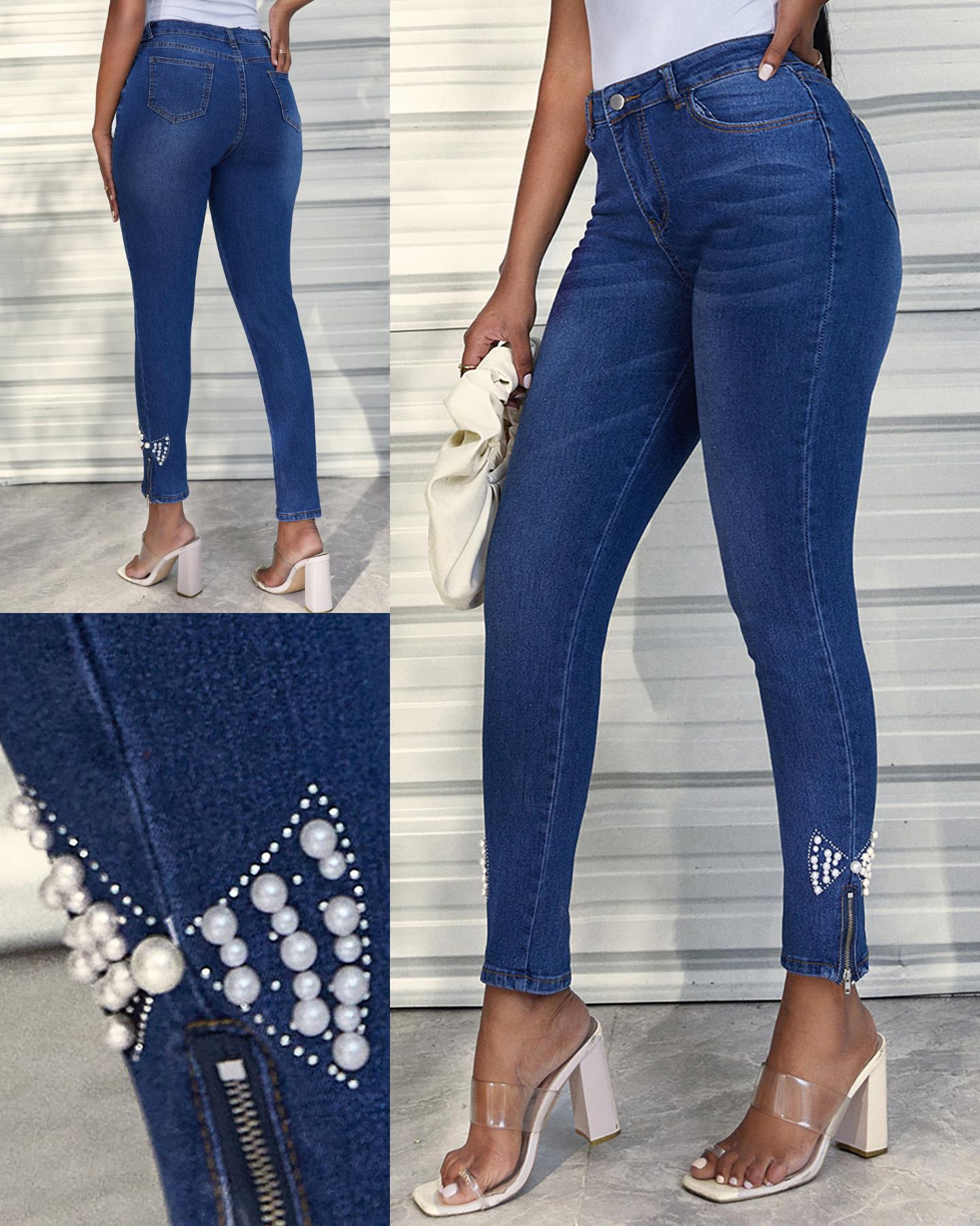 

Slant Pocket Beaded Zipper Skinny Jeans, Blue