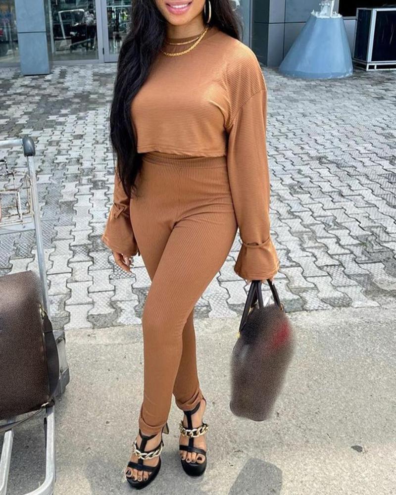 

Ribbed Bell Sleeve Crop Top & High Waist Pants Set, Brown