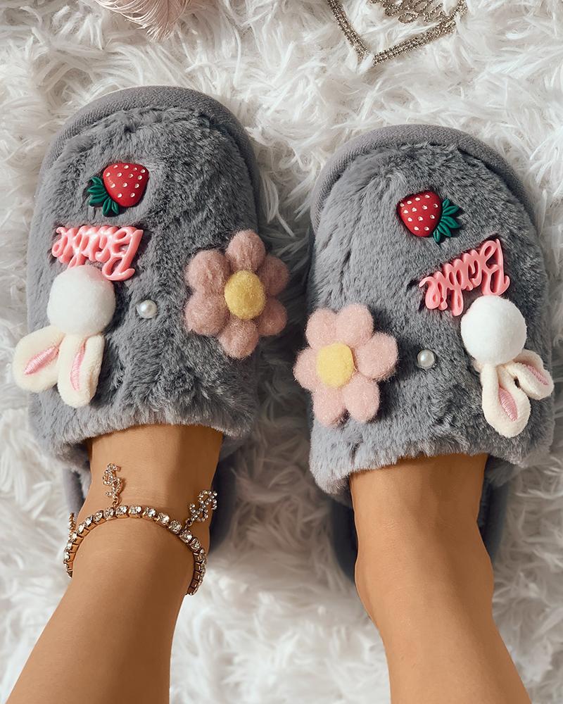 

Cartoon & Floral & Strawberry Decor Fluffy Slipper, Gray