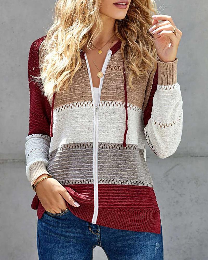 

Colorblock Zipper Hollow Out Casual Coat, Brown