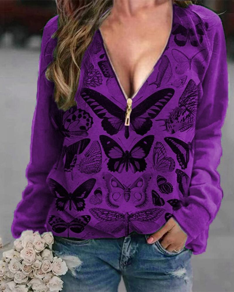 

Butterfly Print Zipper Front Long Sleeve Top, Purple