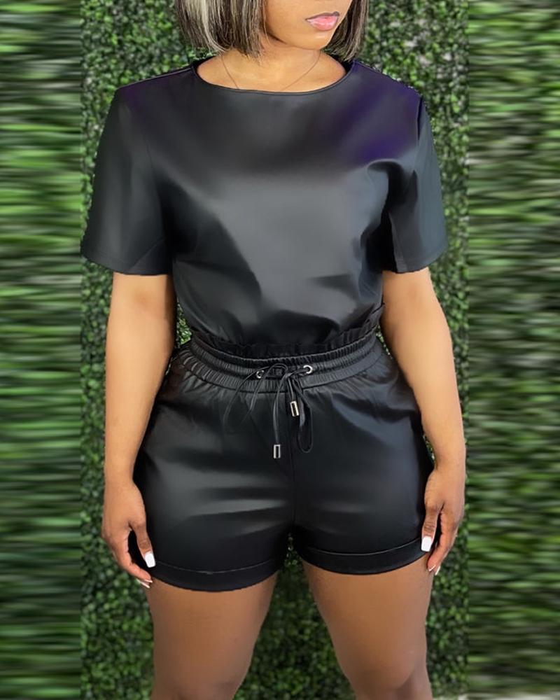 

PU Leather Casual Top & Drawstring Shorts Set, Black