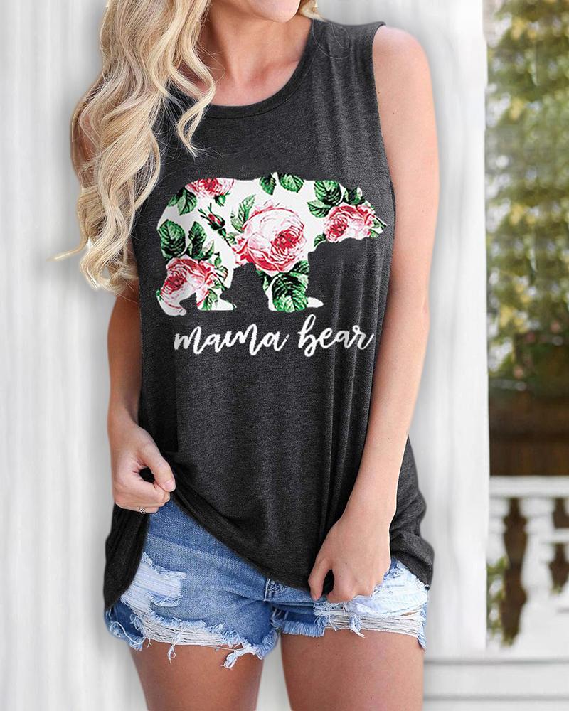 

Letter / Floral / Bear Print Casual Tank Top, Dark grey