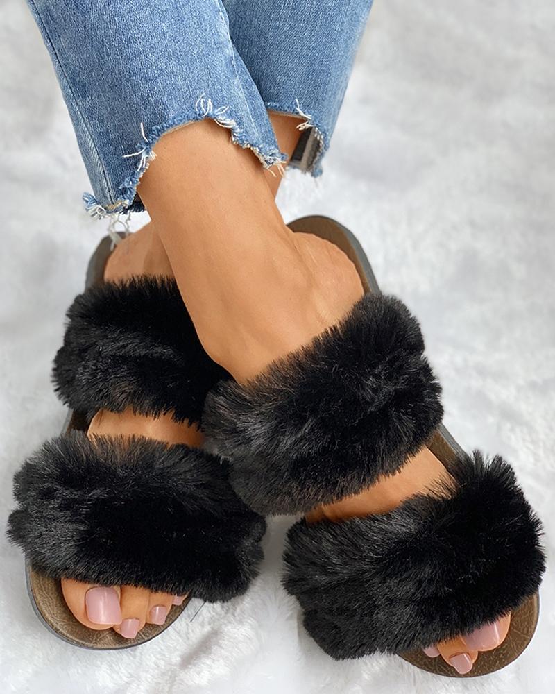 

Fluffy Design Open Toe Flat Shoes, Black