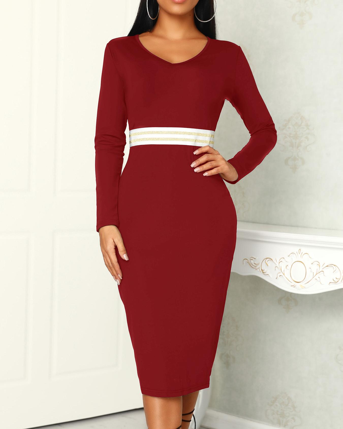 

Deep V Sequined Stripes Detail Bodycon Dress, Wine red