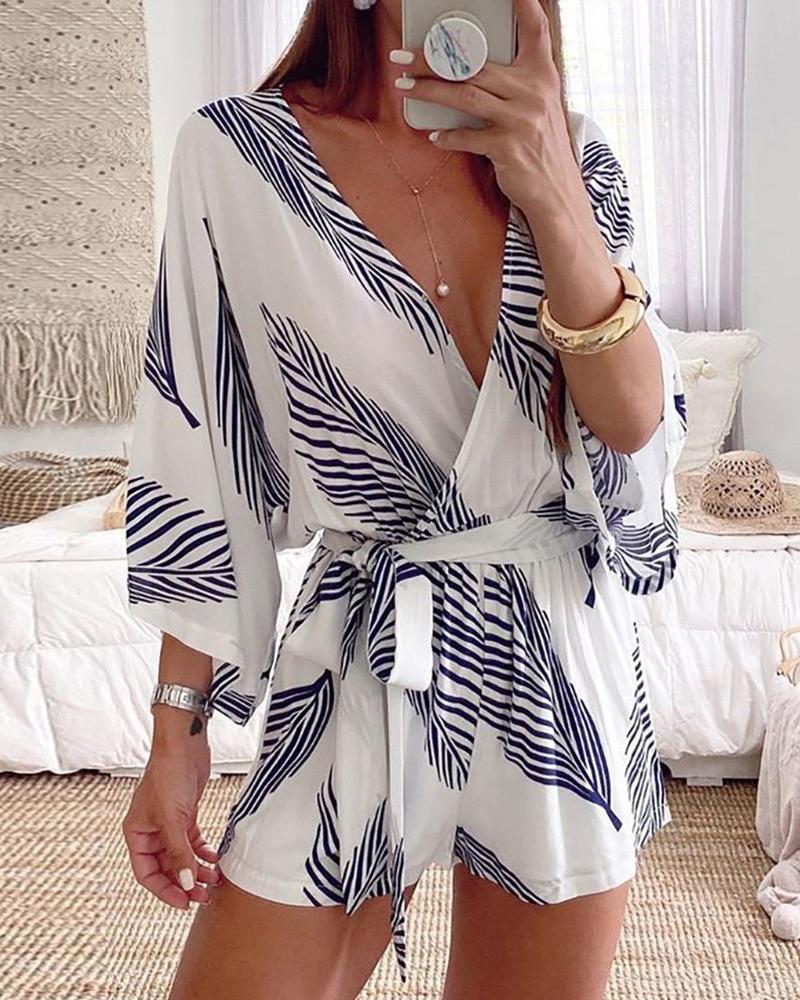

Plants Print V-Neck Tied Detail Half Sleeve Romper, White