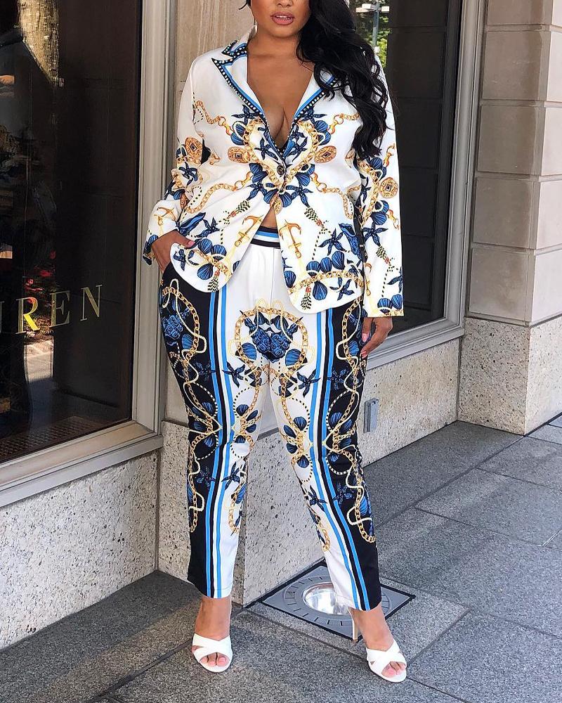 

Plus Size Scarf Chain Print Long Sleeve Blazer & Pants Set, White