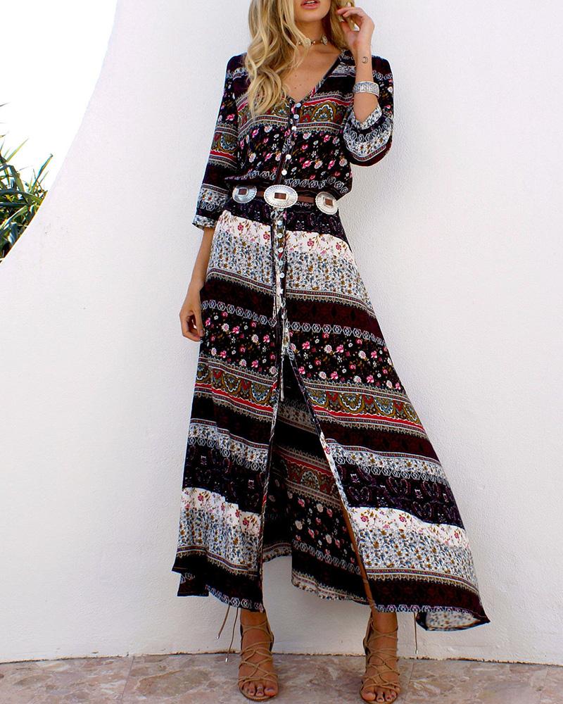 

High Slit Button Front Graphic Print Dress, Brown