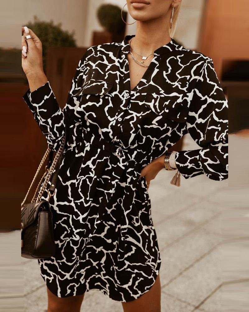 

Allover Print Button Front Long Sleeve Shirt Dress, Black