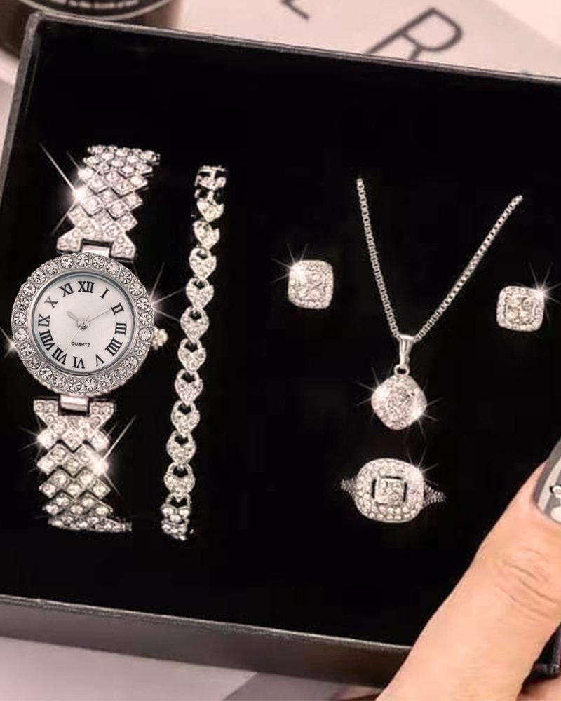 

5pcs Allover Rhinestone Quartz Watch & Bracelet & Drop Earrings & Necklace & Ring Jewelry Gifts Set, Silver