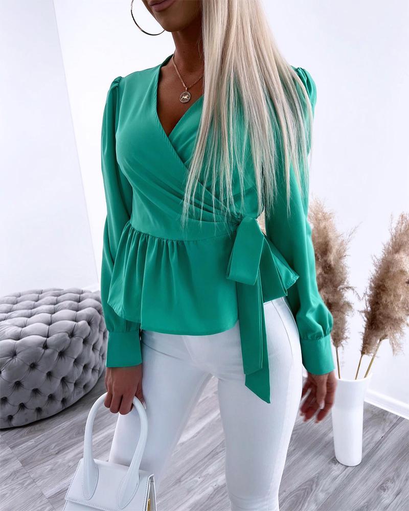 

Puff Sleeve Tied Detail Ruffles Casual Blouse, Green