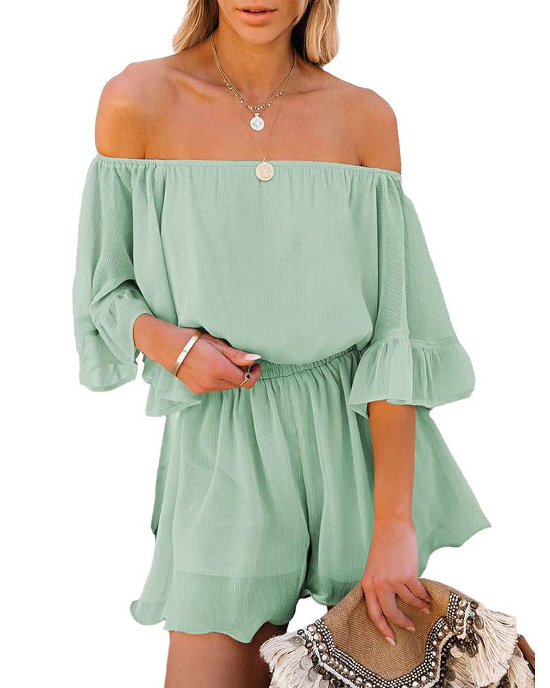 

Off Shoulder Ruffle Hem Gathered Waist Romper, Green