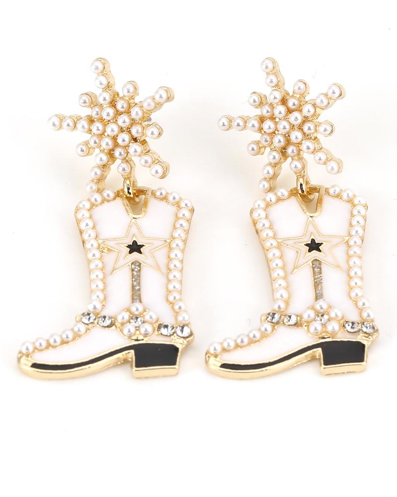 

1Pair Christmas Rhinestone Pearl Decor Boot Shaped Drop Earrings, Gold