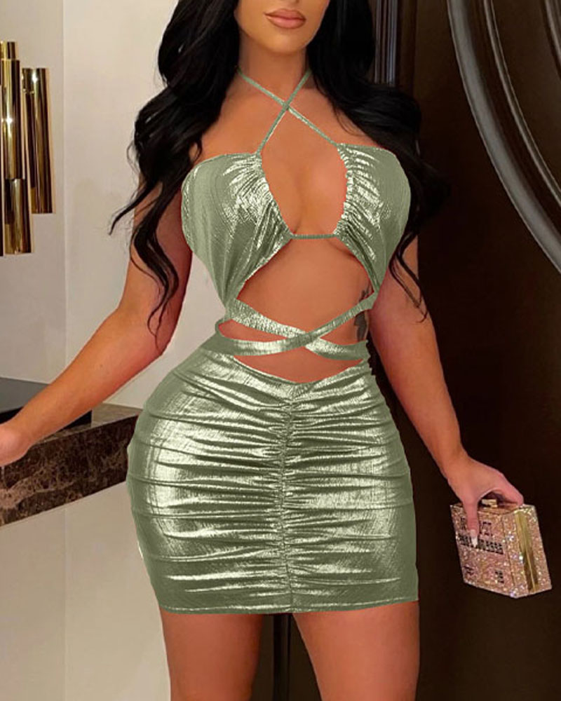 

Criss Cross Cutout Ruched Metallic Bodycon Dress, Green