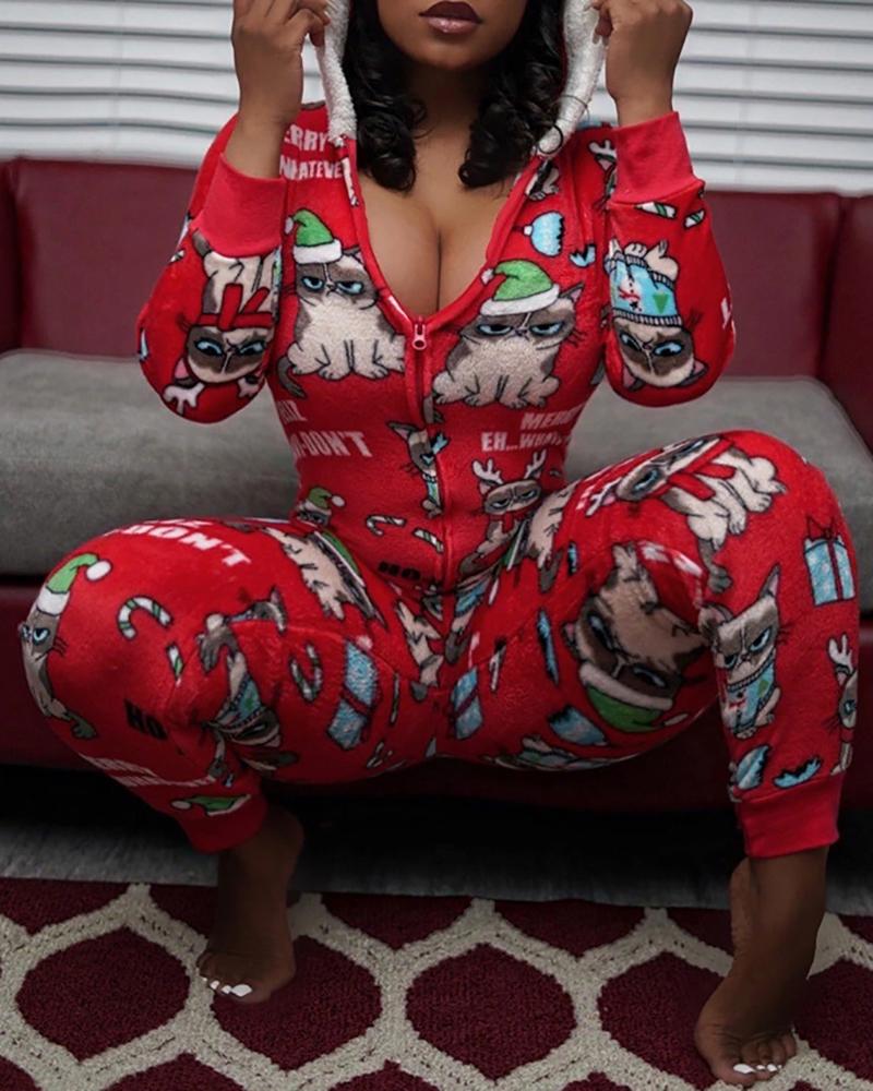 

Christmas Graphic Print Fluffy Collar Hooded Jumpsuit, Style3