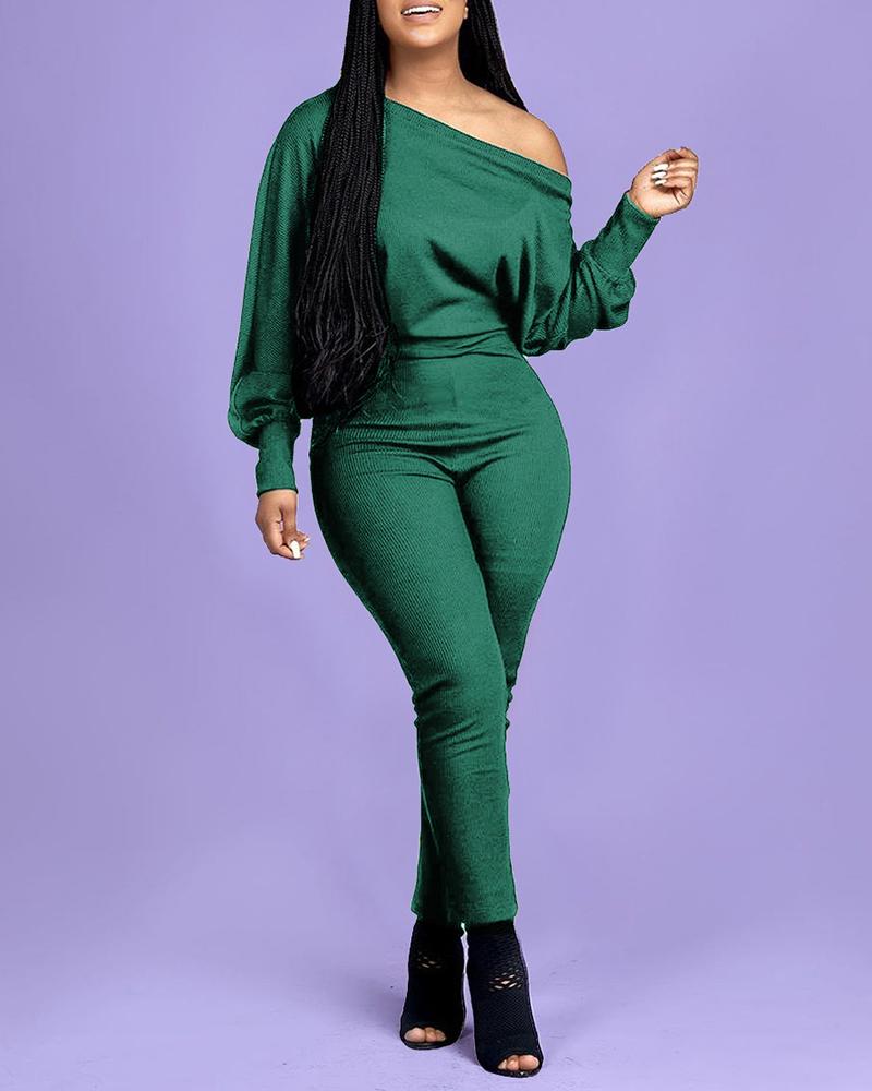 

Solid Long Sleeve One Shoulder Jumpsuit, Green