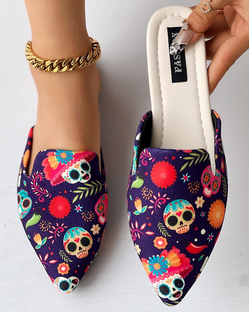 

Halloween Skull Head Print Slippers Point Toe Mules, Purple