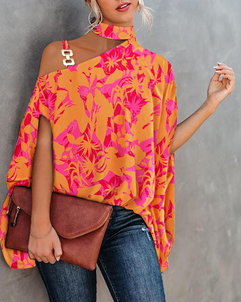 

Plants Print Chain Strap Cold Shoulder Top, Orange