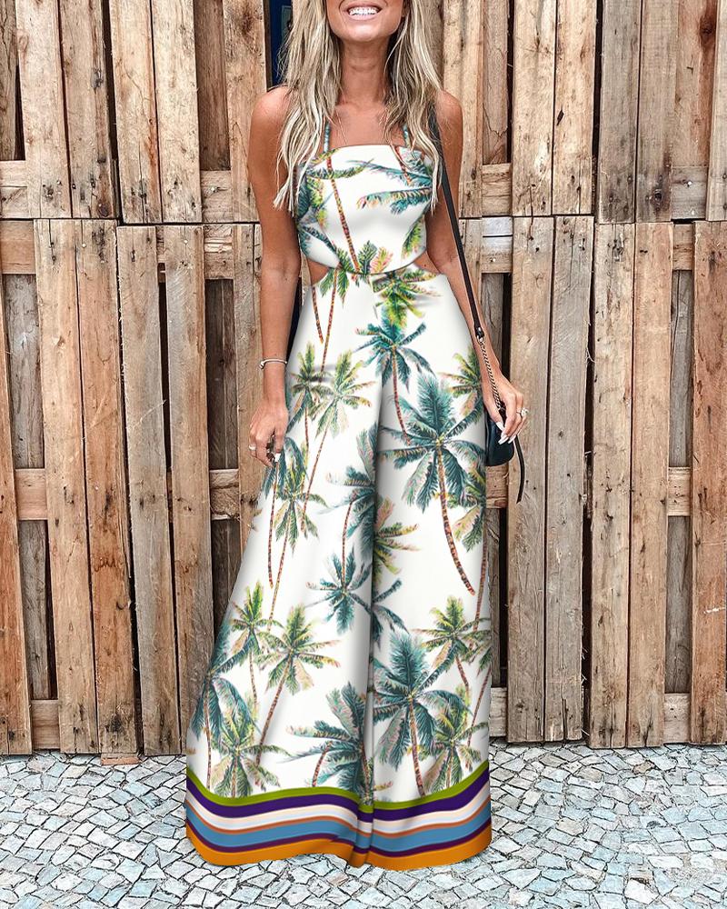 

Tropical Island Print Cutout Wide Leg Jumpsuit, Multicolor